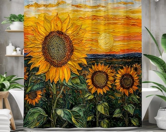 Sunflower Stained Glass Shower Curtain - Vibrant Sunset Design - Nature-Inspired Bathroom Decor - Waterproof, Multiple Sizes Available