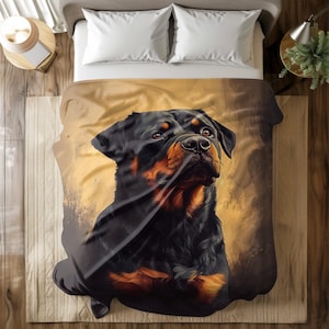 May include: A black and brown Rottweiler dog with a serious expression, painted in a realistic style on a tan background.
