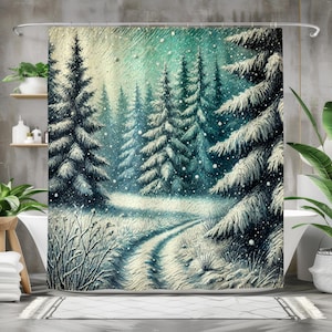 Rideau de douche hiver forêt - Imprimé sapin enneigé - Décoration de bain en polyester imperméable en bleu, blanc et vert - Plusieurs tailles