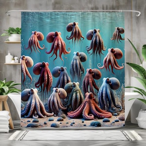 Colorful Octopus Shower Curtain, Underwater Ocean Scene, Nautical Bathroom Decor, High-Quality Fabric, Multi-Size Options with Rings