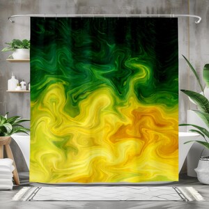May include: A shower curtain with a vibrant abstract design. The curtain features a blend of colors, transitioning from dark green at the top to shades of yellow and gold at the bottom. The design has a swirling, marbled effect, creating a dynamic and artistic look.