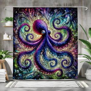 Vibrant Stained Glass Octopus Shower Curtain, Artistic Nautical Bathroom Decor, High-Quality Fabric, Multi-Size Options with Rings