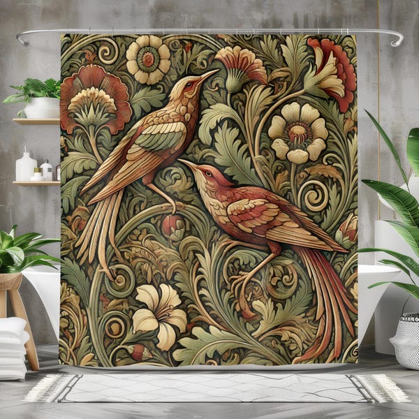 Vintage Botanical Birds Shower Curtain – Art Nouveau Floral Bathroom Decor
