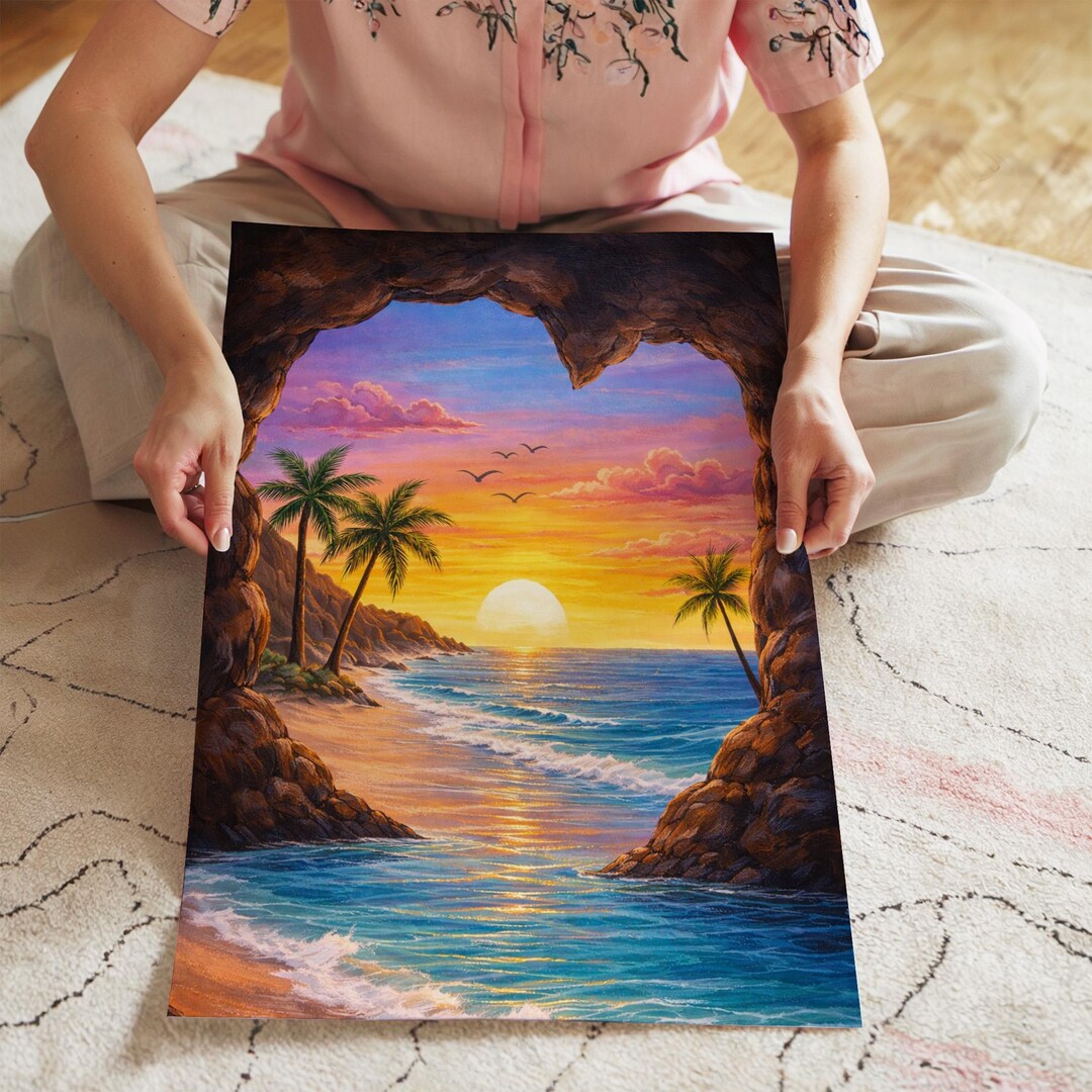 Tropical Sunset Beach Paint by Numbers Kit, Ocean Cave View DIY Canvas ...
