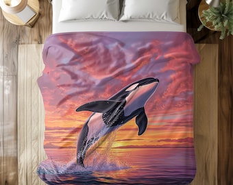 Vibrant Orca Blanket – Stunning Ocean Sunset Whale Design – Warm and Cozy Throw Blanket for Travel, Home, or Gift