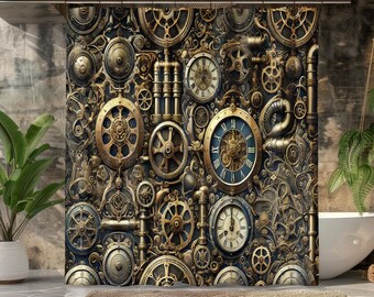 Steampunk Shower Curtain, Vintage Gears And Clocks, Industrial Retro Bathroom Decor, Mechanical Art, Steampunk Gift, Steampunk Home Design