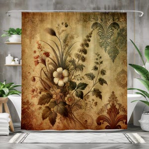 Antique Floral Shower Curtain – Vintage Botanical Bathroom Decor – Rustic Victorian Flower Print – Polyester Fabric, Hooks Included