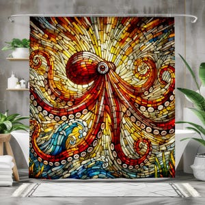Red Stained Glass Octopus Shower Curtain, Nautical Bathroom Decor, High-Quality Fabric, Multi-Size Options with Rings