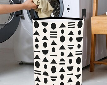 Geometric Laundry Hamper – Foldable Black and White Storage Bin with Handles, Decorative Laundry Basket