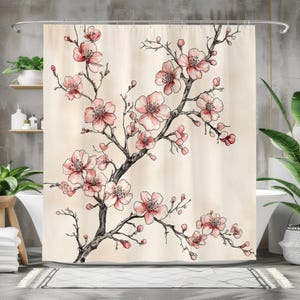 Cherry Blossom Shower Curtain - Elegant Watercolor Floral Design - Waterproof Bathroom Decor - Beige Pink White