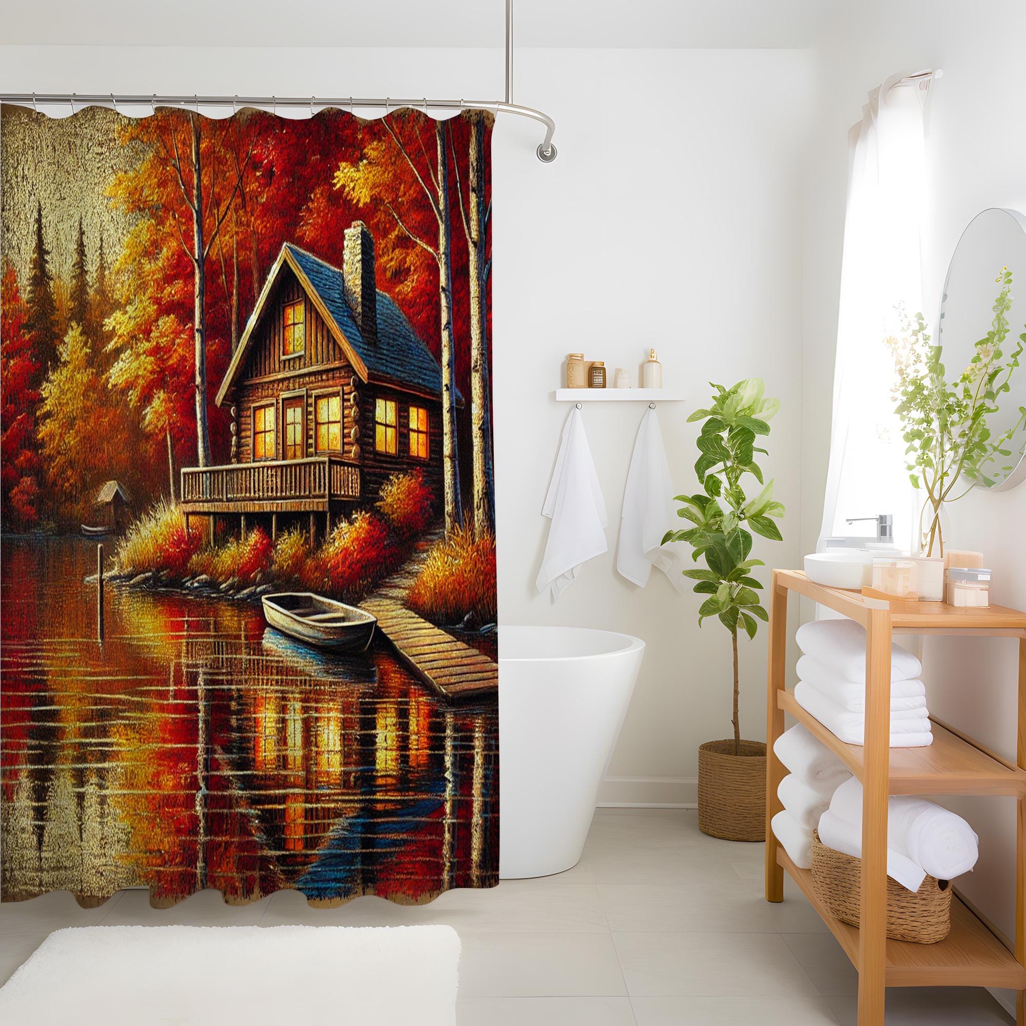 Rustic Cabin Shower Curtain, Autumn Lake House Bathroom Decor, Cozy Log