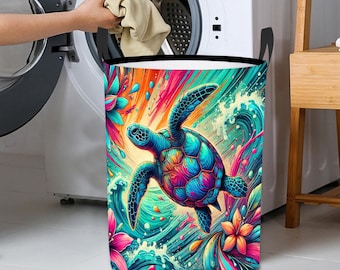 Tropical Sea Turtle Laundry Basket, Foldable Round Hamper With Handles, Storage Bin For Toys Or Clothes, Decorative Laundry Basket