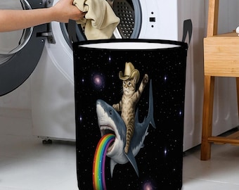 Cowboy Cat Riding Shark Laundry Basket Round Foldable Hamper with Handles, Laundry Organizer Baskets, Decorative Laundry Basket