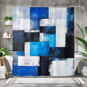 Tenda da doccia con motivo geometrico blu astratto - Decorazione da bagno multiformato con anelli