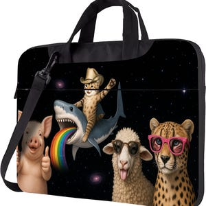 Funny Animal Laptop Sleeve – Cat Riding Shark with Rainbow, Sheep in Sunglasses, Pig and Cheetah, Laptop Shoulder Bag, Handbag Laptop Bag