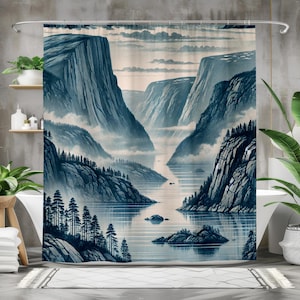 Mountain Landscape Shower Curtain, Nature Scenic Bathroom Decor, Foggy Valley Bath Curtain, Waterproof Polyester Shower Curtain with Hooks