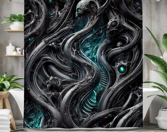 Cyberpunk Shower Curtain, Futuristic Sci-Fi Bathroom Decor, Dark Tech Alien Design, Waterproof Fabric Curtain, Gothic Industrial Aesthetic