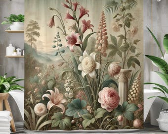Vintage Botanical Shower Curtain | Waterproof Fabric Bath Curtain | Elegant Floral Bathroom Decor | Pink, Green, Beige