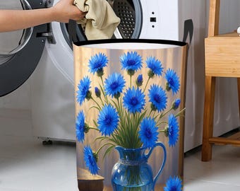 Blåblommig tvättkorg, Blåklintkorg med handtag, Hopfällbar tvättkorg, Förvaringslåda för blomsterrum