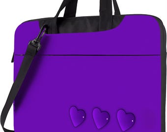 Purple Heart Laptop Bag 13–15 Inch – Cute Canvas Laptop Sleeve with Strap, Multi-Pocket Tote for Women, Girls, Travel & School