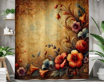 Vintage Floral Shower Curtain, Elegant Baroque Botanical Art, Antique Gold Aesthetic, Rustic Bathroom Decor, Romantic Victorian Gift