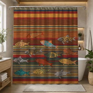 May include: A shower curtain featuring a horizontal striped pattern in shades of red, orange, brown, and blue. The curtain is decorated with various fish illustrations in different colors and patterns, including orange, blue, gray, and yellow.