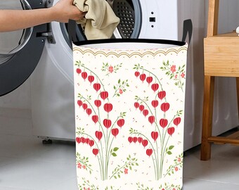 Bleeding Heart Floral Laundry Hamper Vintage Botanical Fabric Storage Basket Cottagecore Garden Organizer