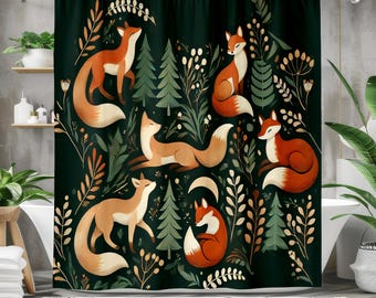 Fox Shower Curtain – Woodland Animal Bathroom Curtain, Dark Forest Theme in Earth Tones, Polyester Fabric with Hooks Included