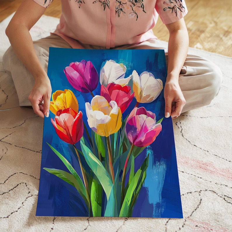 May include: A vibrant painting of tulips in full bloom. The artwork features a bouquet of colorful tulips in shades of red, yellow, pink, and white against a deep blue background. The painting has visible brushstrokes, giving it a textured appearance.