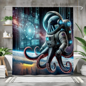 Octopus Astronaut Shower Curtain, Sci-Fi Space Bath Decor, Futuristic Cosmic Bathroom Curtain, Waterproof Polyester, Multiple Sizes