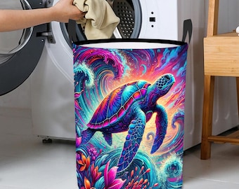 Sea Turtle Laundry Basket, Ocean Art Hamper With Handles, Colorful Foldable Round Bin For Clothes Or Toys, Collapsible Waterproof Storage