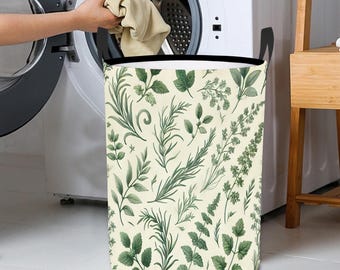 Herb Garden Laundry Basket – Collapsible Waterproof Hamper with Handles, Botanical Print Foldable Storage Bin, Greenery Fabric Round Laundry