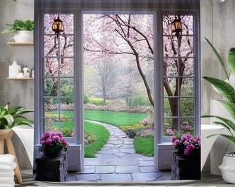 Window View Garden Path Shower Curtain - Multisize Scenic Bathroom Decor with Rings