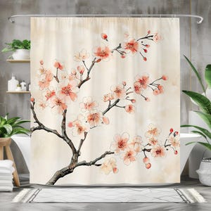 Cherry Blossom Shower Curtain - Elegant Watercolor Floral Design - Waterproof Bathroom Decor - Beige Pink White