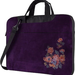 Purple Floral Laptop Bag with Strap, 13 14 15.6 Inch Shoulder Work Tote, Velvet Look Work Tote, Laptop Shoulder Bag, Briefcase for Women