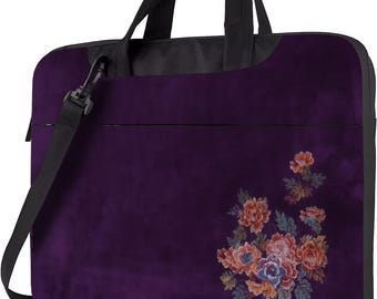 Purple Floral Laptop Bag with Strap, 13 14 15.6 Inch Shoulder Work Tote, Velvet Look Work Tote, Laptop Shoulder Bag, Briefcase for Women
