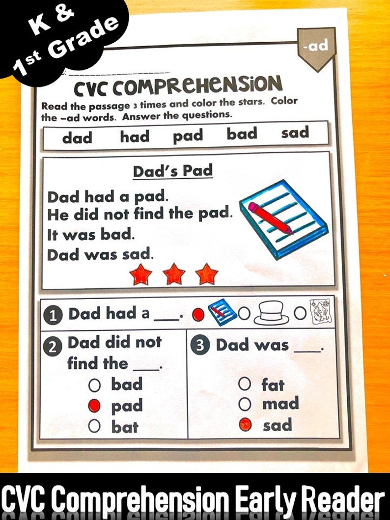 Phonics Worksheets CVC comprehension early readers Kindergarten/First Grade zdjęcie 3