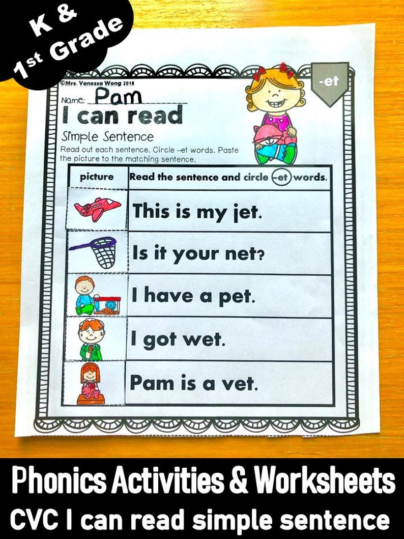 Phonics Worksheets CVC I can read simple sentences short vowel | Etsy