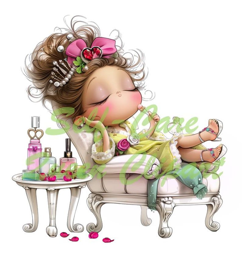 Peut inclure: Illustration d'une fille de dessin anim&eacute; se relaxant dans un fauteuil blanc, v&ecirc;tue d'une robe jaune et de sandales. Elle a des cheveux bruns boucl&eacute;s avec un n&oelig;ud rose et une couronne orn&eacute;e de bijoux. Une petite table contient des flacons de parfum et des p&eacute;tales de rose.
