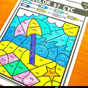 Phonics-werkbladen: CVC-kleur op code. Zomerthema. PreK/kleuterschool/1e leerjaar