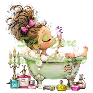 Peut inclure: Illustration d'une femme de dessin anim&eacute; se relaxant dans une baignoire vert menthe, tenant un verre de vin rose. Elle a les cheveux bruns avec un n&oelig;ud rose et est entour&eacute;e de bulles. L'image comprend des bougies, des flacons de parfum et le texte "Self Care Queen".