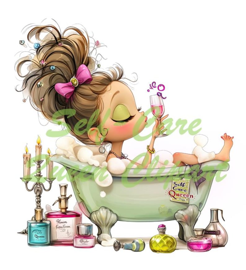 Peut inclure: Illustration d'une femme de dessin anim&eacute; se relaxant dans une baignoire vert menthe, tenant un verre de vin rose. Elle a les cheveux bruns avec un n&oelig;ud rose et est entour&eacute;e de bulles. L'image comprend des bougies, des flacons de parfum et le texte "Self Care Queen".