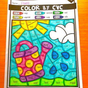 May include: A printable worksheet for kids to color by CVC words. The worksheet features a sun, clouds, and a watering can. The words are written in black and the colors are indicated by crayons.