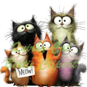 Op de afbeelding: Een grillige illustratie van vijf cartoonkatten met overdreven kenmerken. De katten hebben verschillende kleuren, waaronder zwart, oranje en grijs, met grote ogen en expressieve gezichten. E&eacute;n kat houdt een bord met "MEOW!"