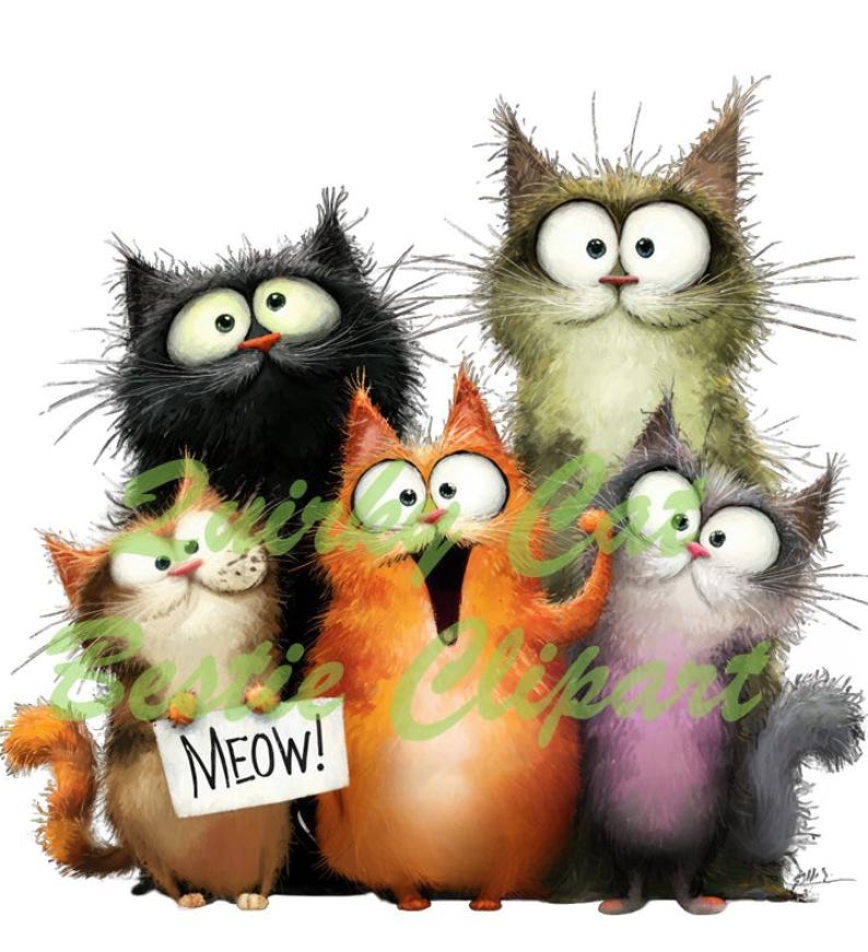 Op de afbeelding: Een grillige illustratie van vijf cartoonkatten met overdreven kenmerken. De katten hebben verschillende kleuren, waaronder zwart, oranje en grijs, met grote ogen en expressieve gezichten. E&eacute;n kat houdt een bord met "MEOW!"