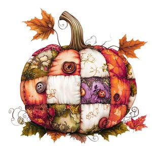 Puede incluir: Una calabaza de patchwork con una variedad de colores y texturas oto&ntilde;ales, incluyendo naranja, rojo, verde y morado. La calabaza est&aacute; decorada con botones y tiene un aspecto artesanal y caprichoso.