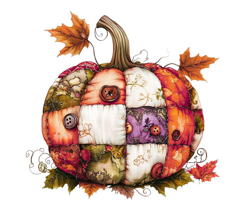 Puede incluir: Una calabaza de patchwork con una variedad de colores y texturas oto&ntilde;ales, incluyendo naranja, rojo, verde y morado. La calabaza est&aacute; decorada con botones y tiene un aspecto artesanal y caprichoso.
