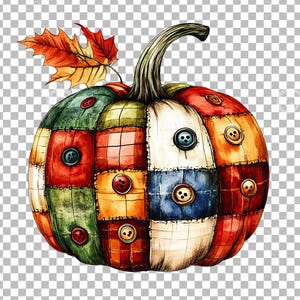 Puede incluir: Una calabaza de patchwork con una variedad de colores y texturas, incluyendo rojo, verde, azul y amarillo. La calabaza tiene un tallo y una hoja en la parte superior.