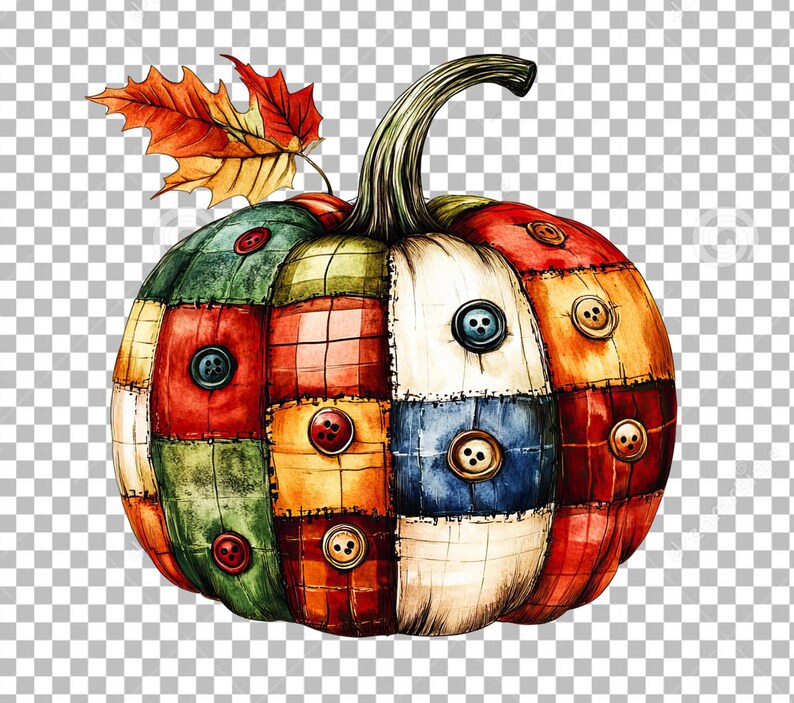 Puede incluir: Una calabaza de patchwork con una variedad de colores y texturas, incluyendo rojo, verde, azul y amarillo. La calabaza tiene un tallo y una hoja en la parte superior.