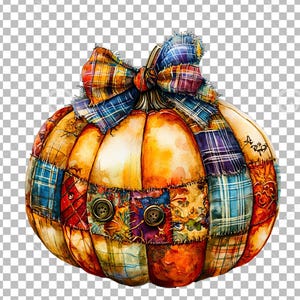 Puede incluir: Una calabaza de patchwork con un lazo de cuadros. La calabaza est&aacute; hecha de diferentes cuadrados de tela de colores cosidos juntos. El lazo est&aacute; atado alrededor del tallo de la calabaza.